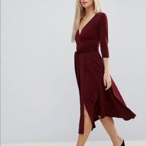 ASOS Crepe Wrap Tie Front Midi Dress Wine Burgundy Size 12 Flattering